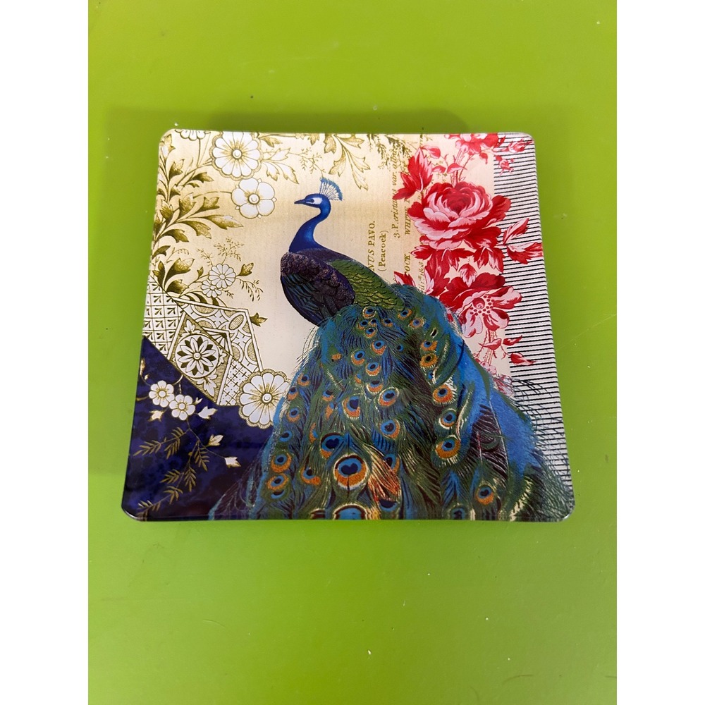 Fringe Studio Peacock Glass Trinket Tray Square Jewelry Dish Floral Botanical